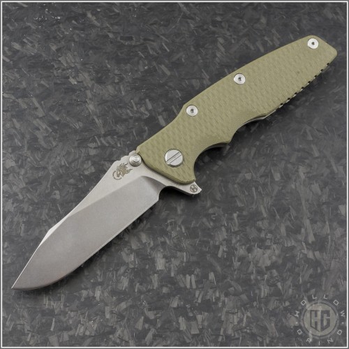 (#RH-EK35H-002) Rick Hinderer Knives Eklipse Tri-Way 3.5" Slicer Hollow OD Green G10 Stonewash - Front