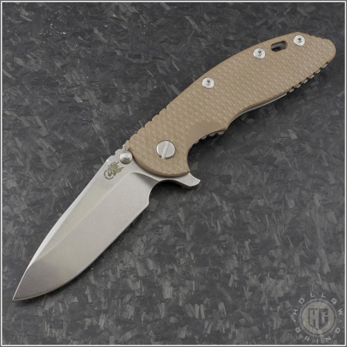 (#RH-XM1835-98) Rick Hinderer Tri-Way XM-18 3.5" Spearpoint Stonewash Blade - Working Finish Frame - FDE G10 - Front