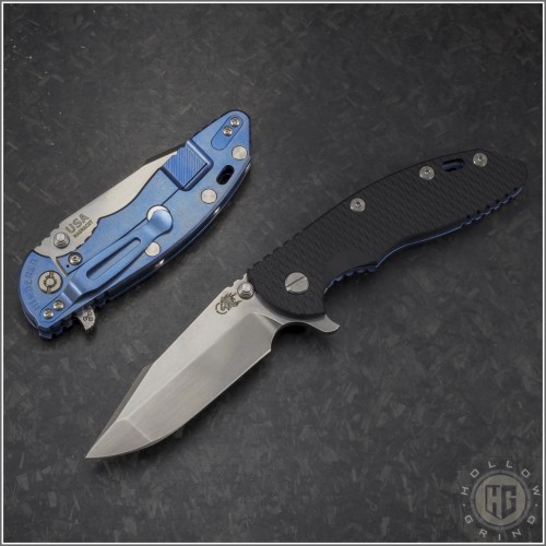 (#RH-XM1835-HS-004) Rick Hinderer Stonewash Blue XM-18 3.5" (Tri-Way) Harpoon Spanto Black G-10 Scale - Front