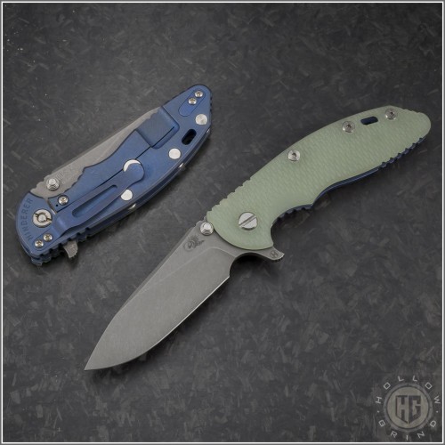 (#RH-XM1835-SLHO-008) Rick Hinderer Battle Blue XM-18 3.5" Slicer Hollow Jade Green G-10 Working Finish - Front