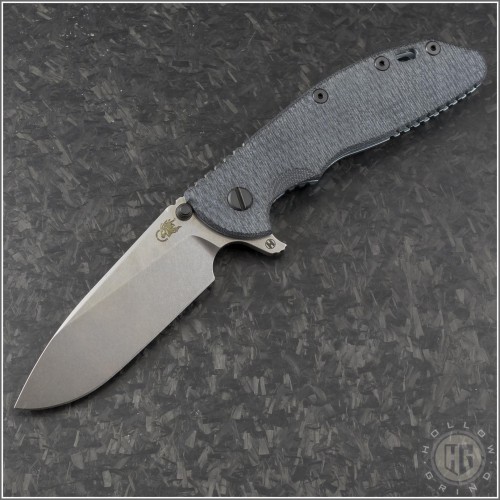 (#RH-XM24H-004) Rick Hinderer XM-24 4" Slicer Hollow Stonewash Textured Black Micarta - Front