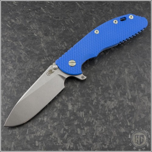 (#RH-XM24H-006) Rick Hinderer XM-24 4" Slicer Hollow Stonewash Blue G10 Green Ti Hardware - Front