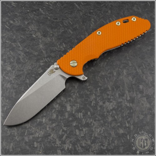 (#RH-XM24H-007) Rick Hinderer XM-24 4" Slicer Hollow Stonewash Orange G10 Gold Ti Hardware - Front