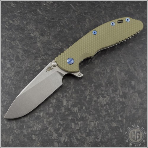(#RH-XM24H-010) Rick Hinderer XM-24 4" Slicer Hollow Stonewash OD Green G10 Blue Ti Hardware - Front