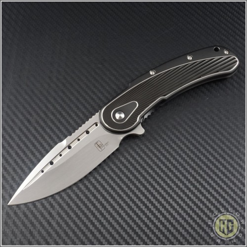(#SCB115FS) Steelcraft Bodega Black Ti Handle w/ Black Fan G10, Plain Fluted Satin Blade - Front