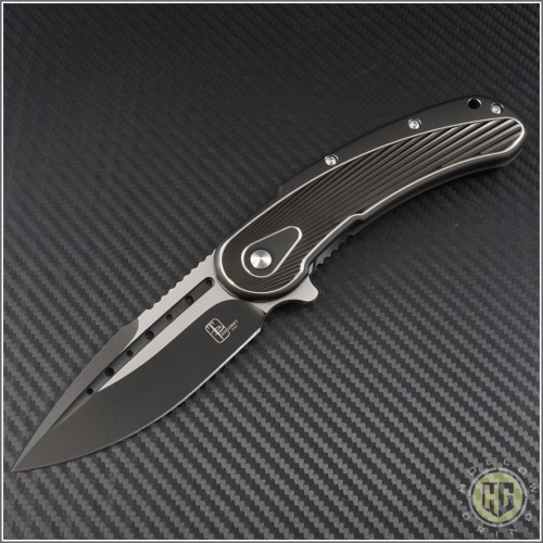 (#SCB115FT) Steelcraft Bodega Black Ti Handle w/ Black Fan G10, Plain Fluted 2-Tone Black Blade with Satin Flats - Front
