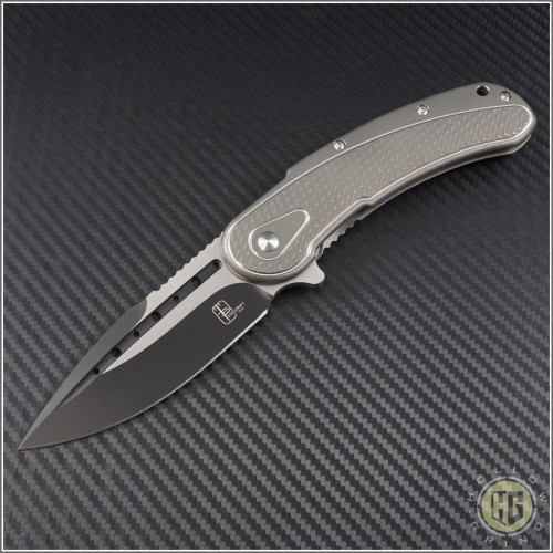 (#SCB445ST) Steelcraft Bodega Grey Ti Handle w/ Scalloped G10, Plain Fluted 2-Tone Black Blade with Satin Flats - Front