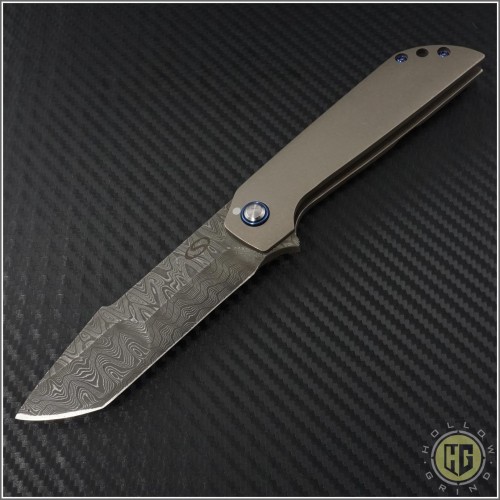 (#SCC-003) Simeon Custom Knives Damascus Harpoon Tanto Flipper - Front