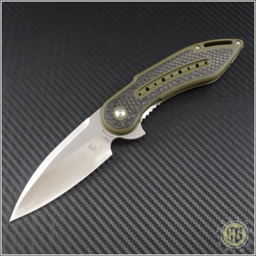 (#WKGCF3N) Steelcraft Glimpse Green G10 Handle w/ CF, Non-Fluted Satin Blade - Front