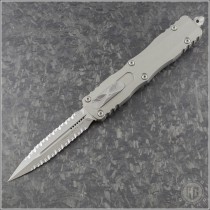 (#227-D12APNC) Microtech Knives Natural Clear Dirac Delta D/E Stonewash Full Serrated - Front