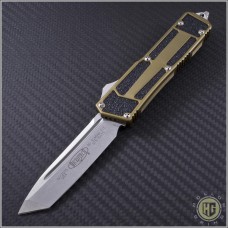 Microtech Knives Tan Scarab T/E Automatic OTF D/A Knife (3.44in Stonewashed Plain ELMAX) 179-10TA