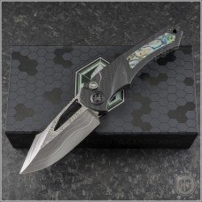 (#HTK-C-Pariah-01) Heretic Knives Carbon Fiber Pariah Button-Lock with Abalone Inlay Damascus Blade - Front