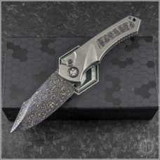 (#HTK-C-Pariah-02) Heretic Knives Titanium Pariah Auto with CF Inlay Blued Damascus Blade - Front