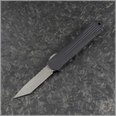 (#HTK-H023-5A) Heretic Knives Manticore S T/E Battleworn Blade with Black Handle and Battleworn Hardware - Front