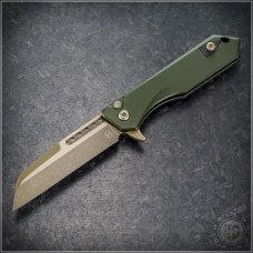 Heretic Knives OD Green Jinn Wharncliffe Button-Lock Folder Knife (3in Bronzed Plain Magnacut) HTK-H213-7A-GRN