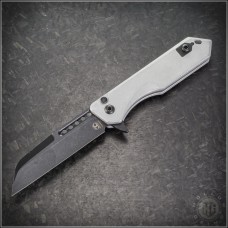 (#HTK-H213-8A-BLZ) Heretic Knives Blizzardworn Jinn Button Lock Flipper Battle Black Wharncliffe - Front