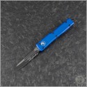 (#148-2BL) Microtech Blue UTX-70 S/E Black Part Serrated - Front