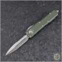 (#232-5OD) Microtech UTX-85 D/E Satin Part Serrated w/ OD Green Handle - Front
