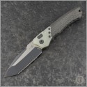 (#HTK-H100-8A-JADE) Heretic Knives Wraith Auto Tanto Battleworn with Black Carbon Fiber handle and Jade G10 Bolster - Front
