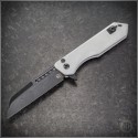 (#HTK-H213-8A-BLZ) Heretic Knives Blizzardworn Jinn Button Lock Flipper Battle Black Wharncliffe - Front
