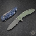 (#RH-XM1835-SLHO-008) Rick Hinderer Battle Blue XM-18 3.5" Slicer Hollow Jade Green G-10 Working Finish - Front