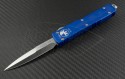 Microtech Knives Blue Ultratech D/E Automatic OTF D/A Knife (3.44in Satin Plain ELMAX) 120-4BL - Front