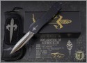 (#MTC-0254) Marfione Combat Troodon D/E Mirror Polished, Black Hefted Handle w/ Purple Haze Hardware - Additional View